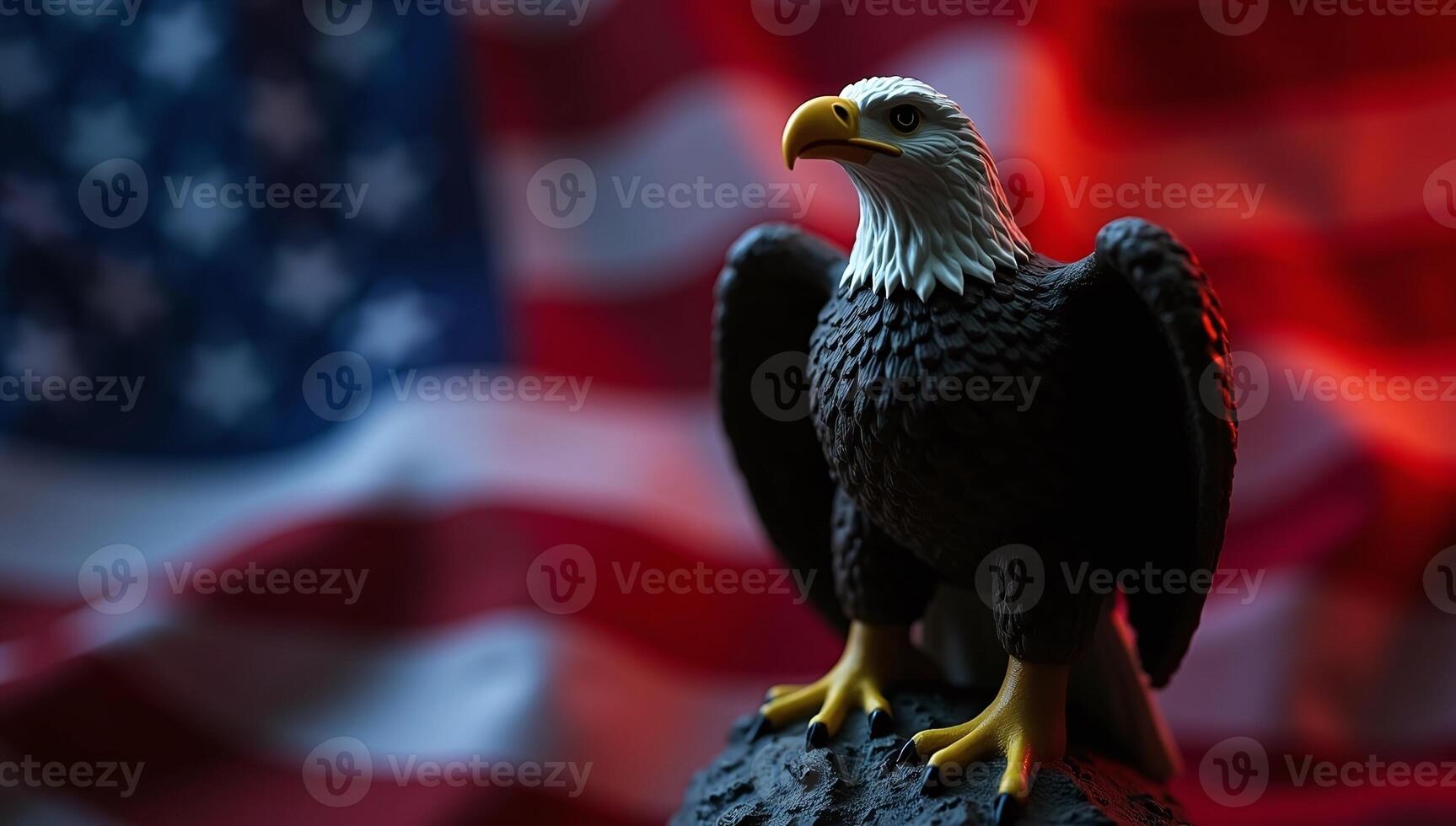 Bald Eagle Figurine Perched Against Abstract Patriotic Background photo
