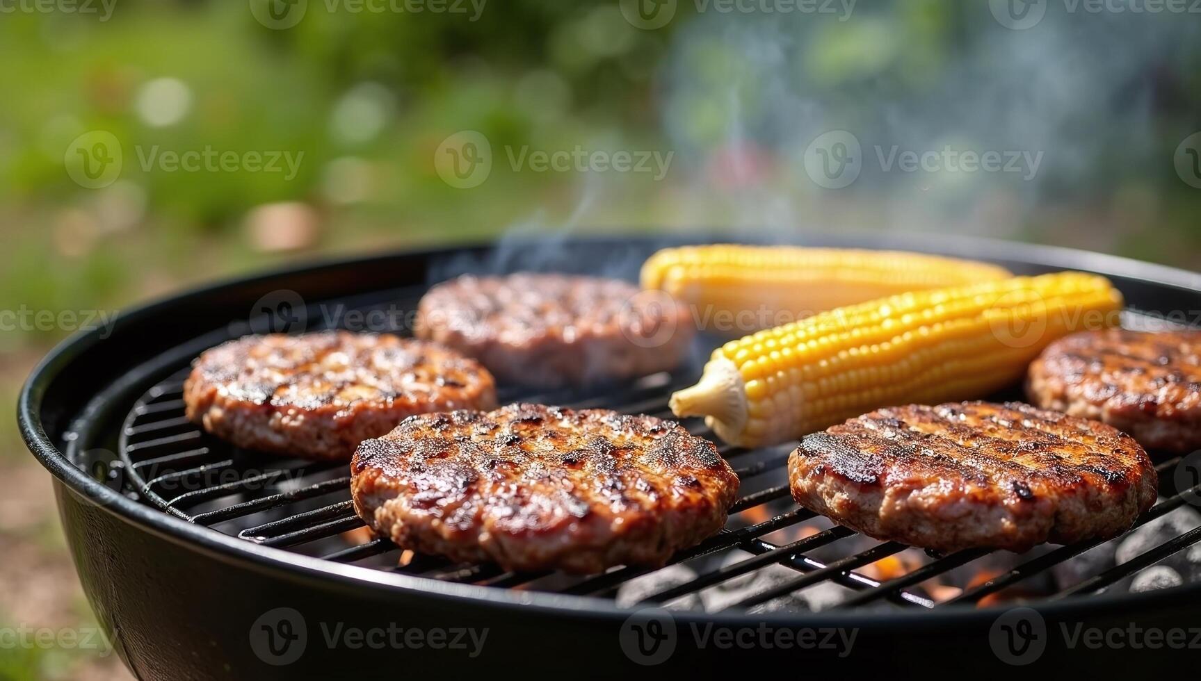 Grilled Hamburger Patties and Corn on the Cob Cooking on Charcoal Barbecue photo