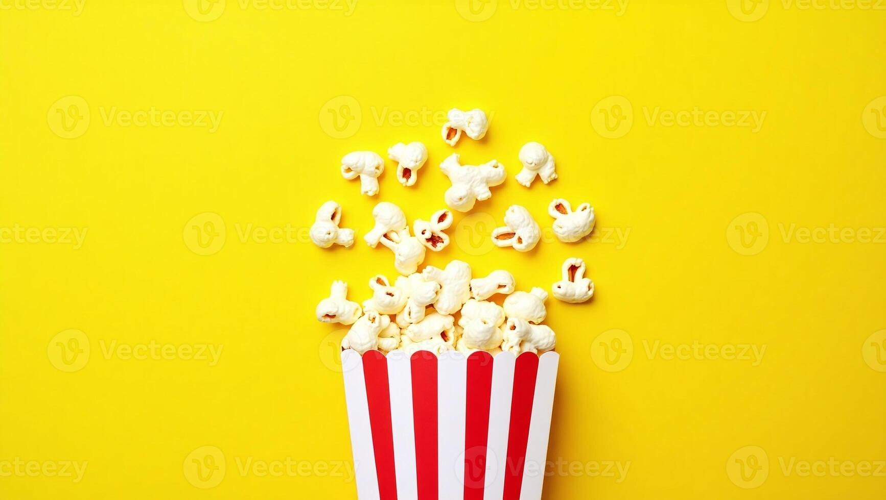 Popcorn spilling from striped container on a vibrant yellow background, promoting entertainment photo