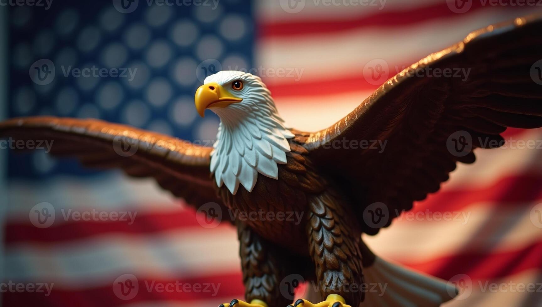 Bald eagle statue perched against blurred American flag backdrop photo