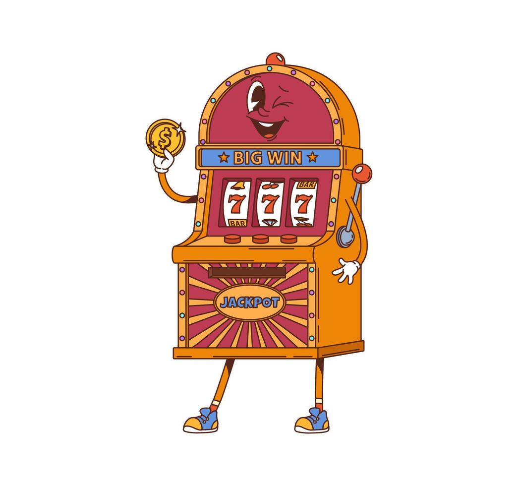 Cartoon retro groovy casino slot machine character vector