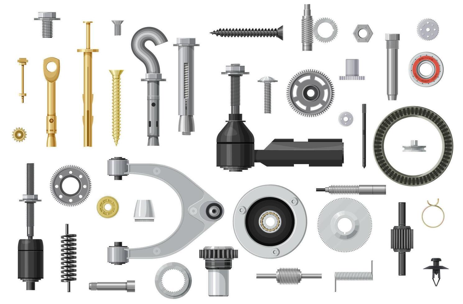Spare parts and fasteners, bolts, screws, fittings vector