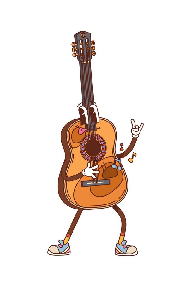 Cartoon groovy guitar musical retro character vector