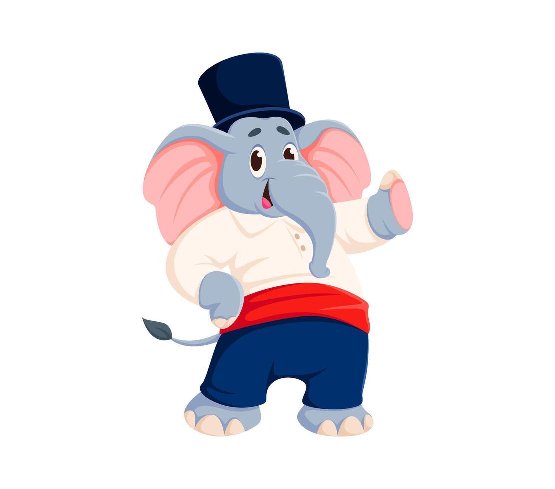 Cartoon funny elephant character in top hat vector