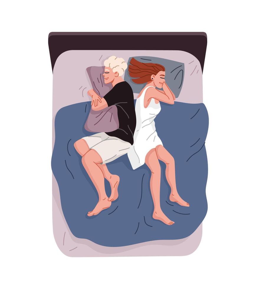 Couple sleeping back to back in bed, top down view vector