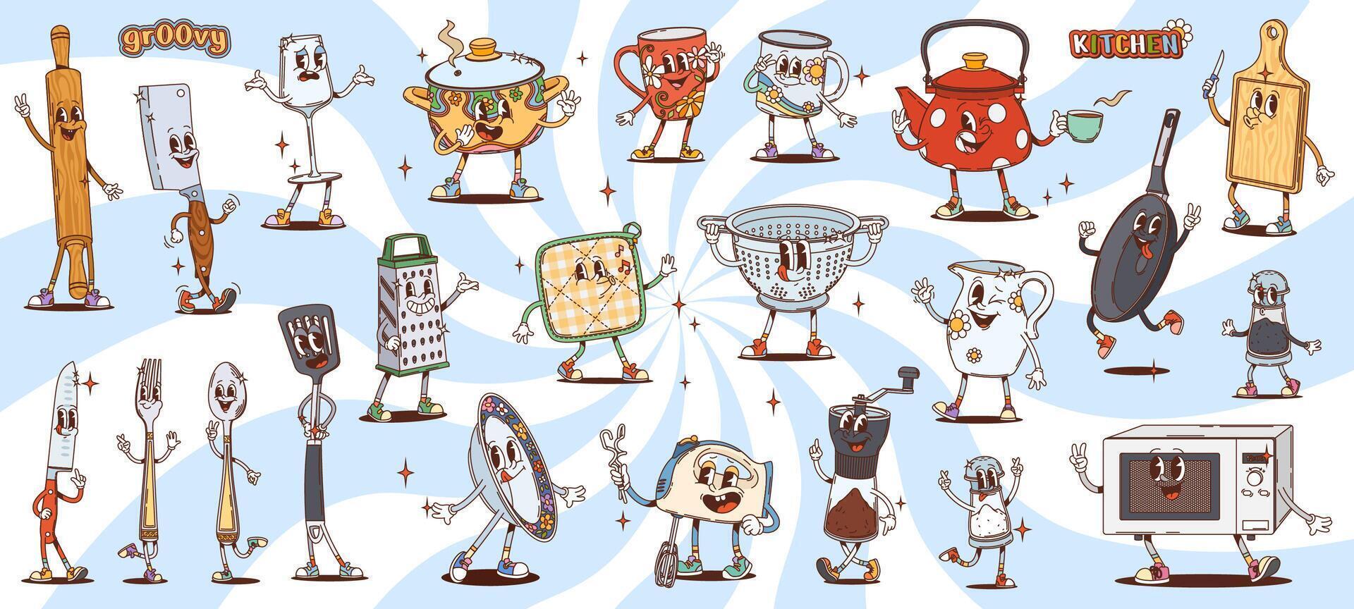 Retro groovy kitchenware and utensils characters vector