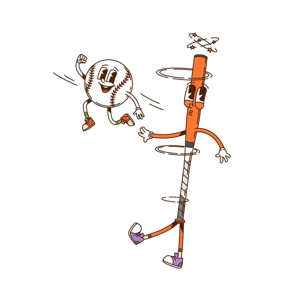 Cartoon groovy retro baseball sport characters vector