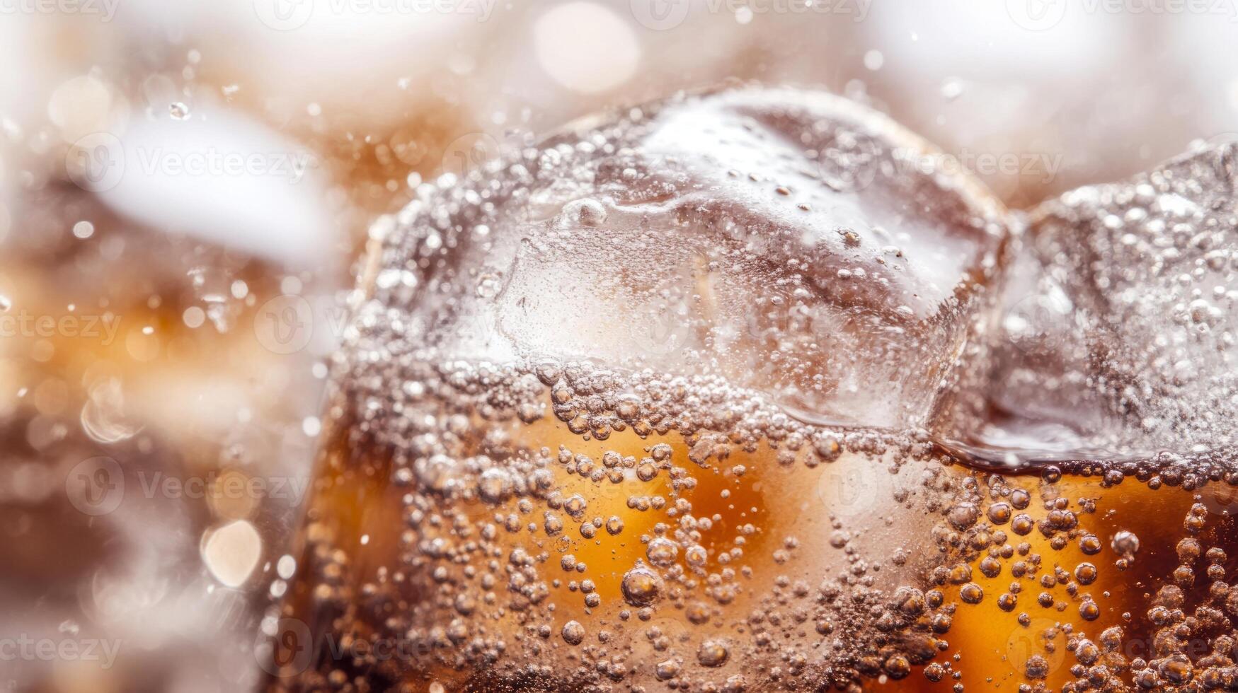 Close-up of cola with ice bubbles and fizzy texture in a glass, perfect for refreshing moments on a hot day photo