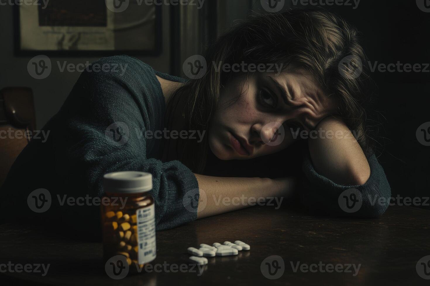 A woman with a distressed expression rests her head on her arm, surrounded by an empty pill bottle and scattered pills on a dark table photo