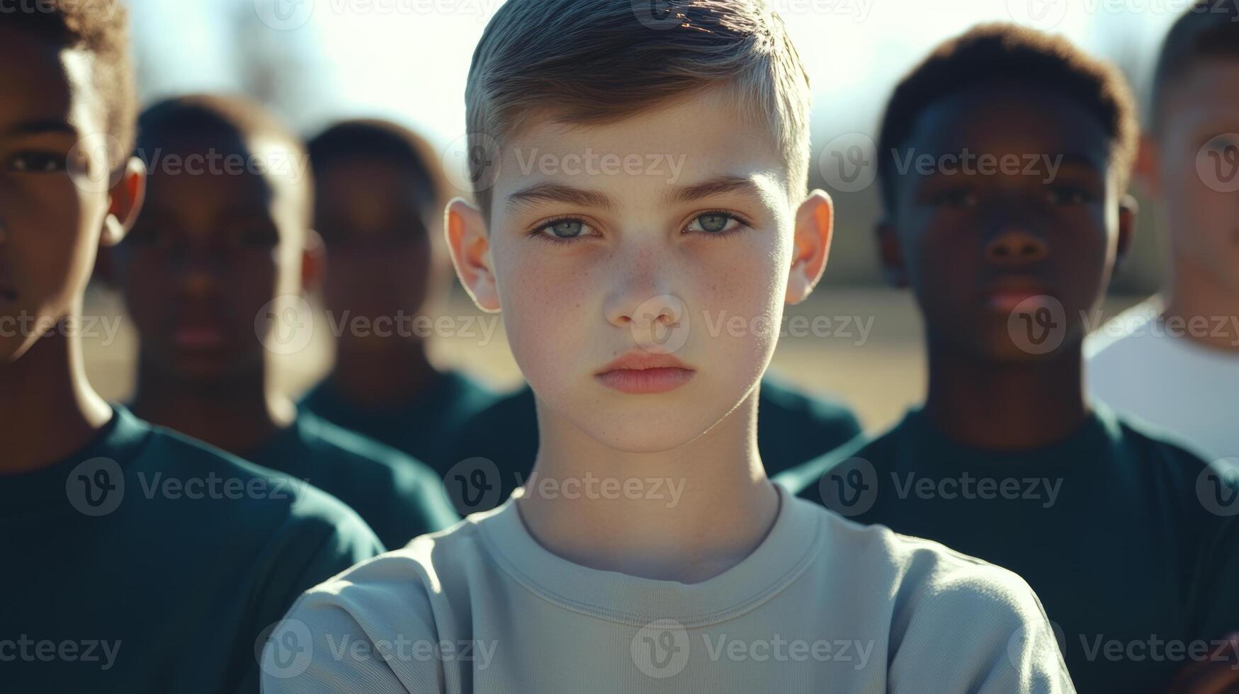 Group of young boys standing in formation outdoors, focused and determined, during a sports training session on a sunny day photo