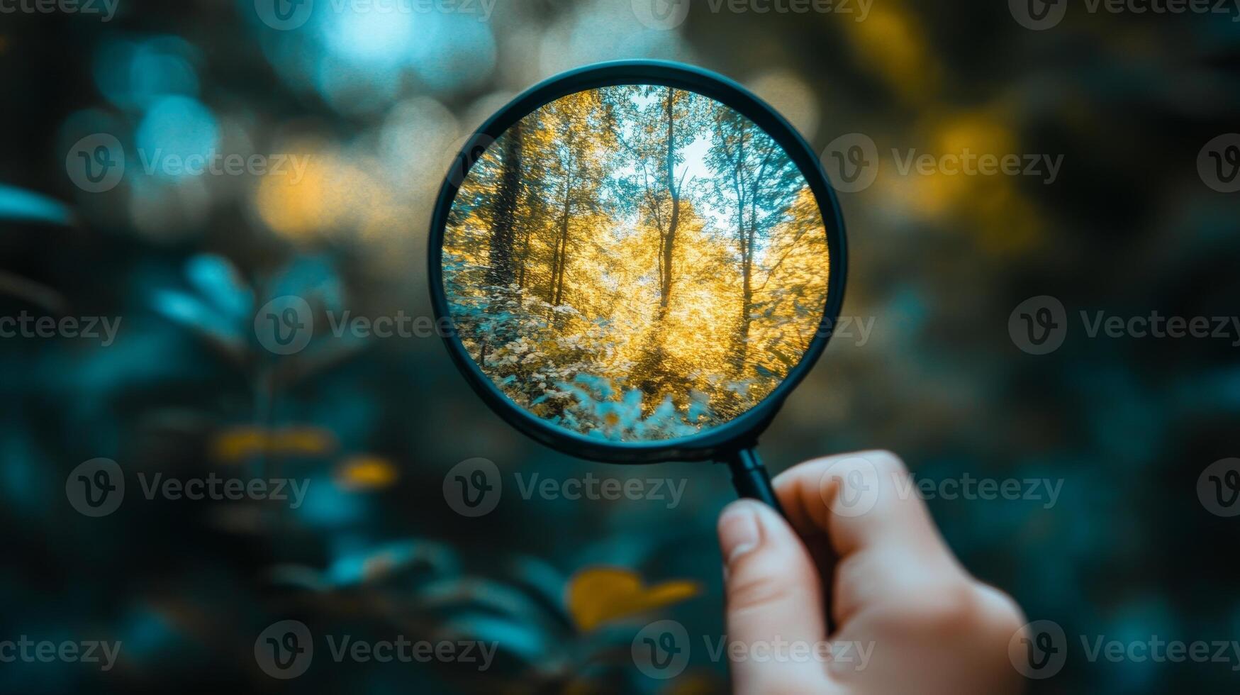 A child explores the wonders of nature through a magnifying glass on a sunny day in the forest photo