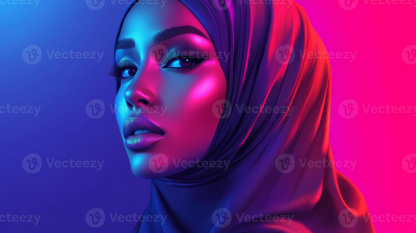 Stunning portrait of a woman wearing a hijab illuminated by vibrant pink and blue hues at twilight in a modern urban setting photo