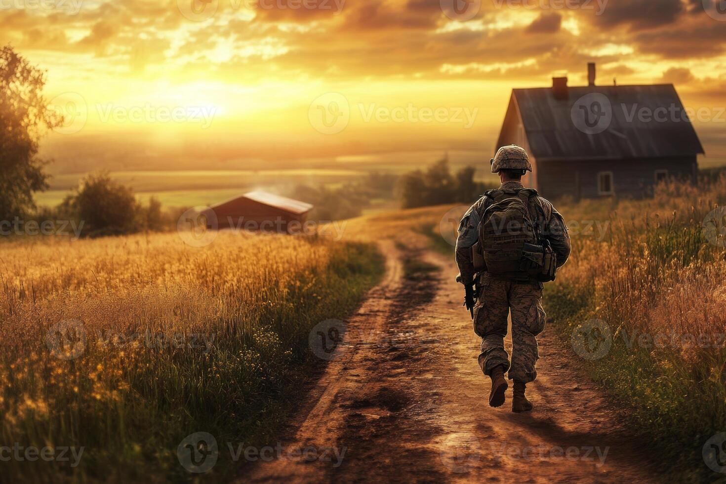 A patriotic soldier returns home at sunset along a winding path surrounded by fields and a rural landscape photo
