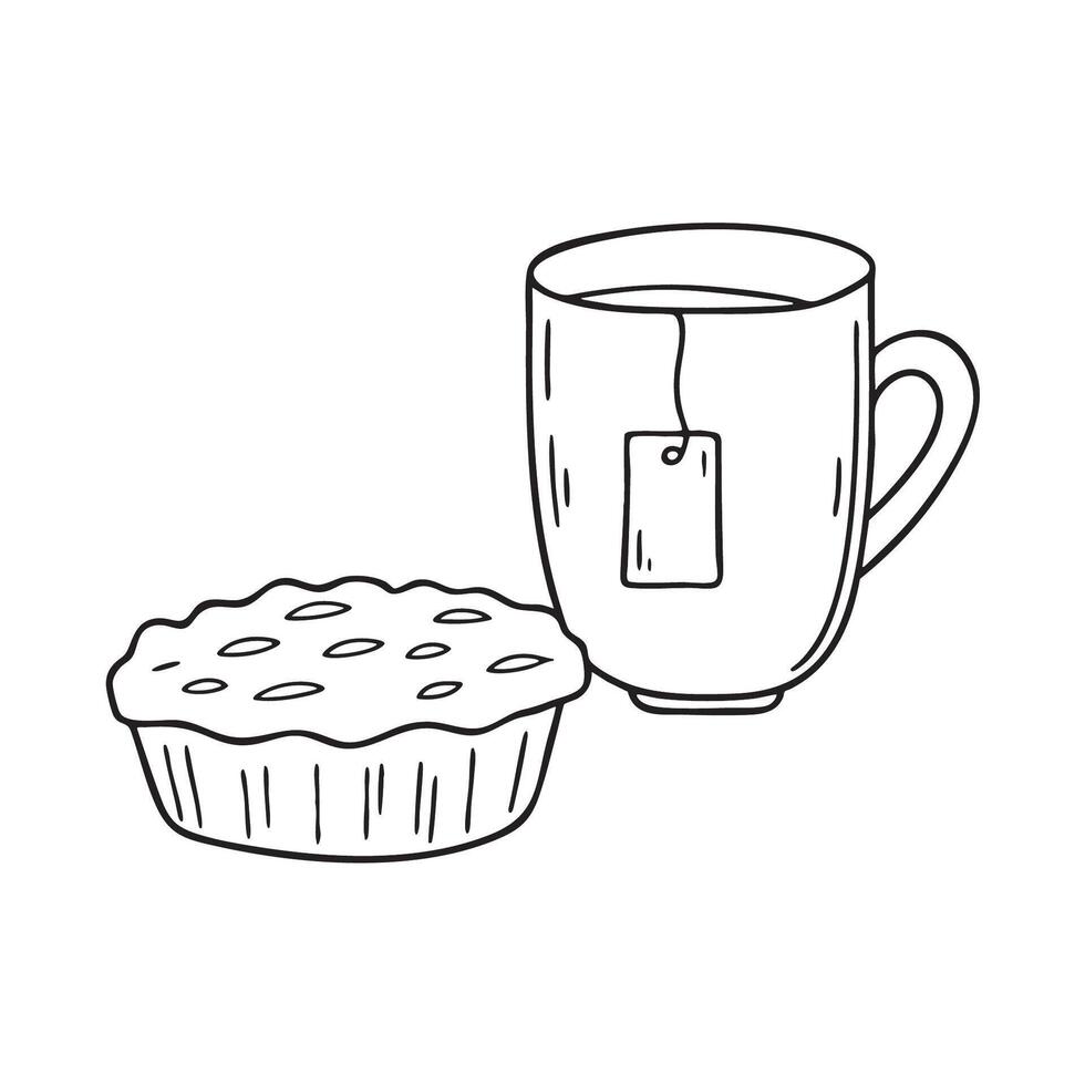A tart next to a cup with a teabag tag hanging vector