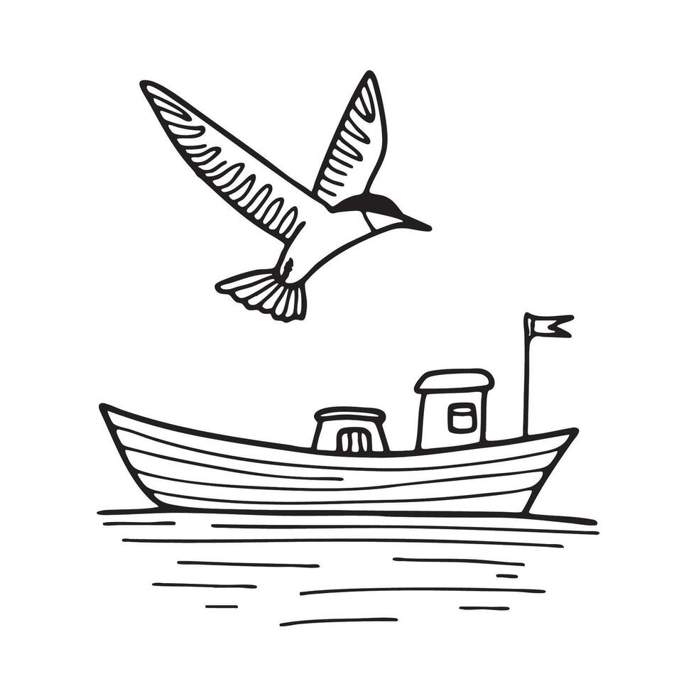 A tern gliding near a small boat on calm water vector