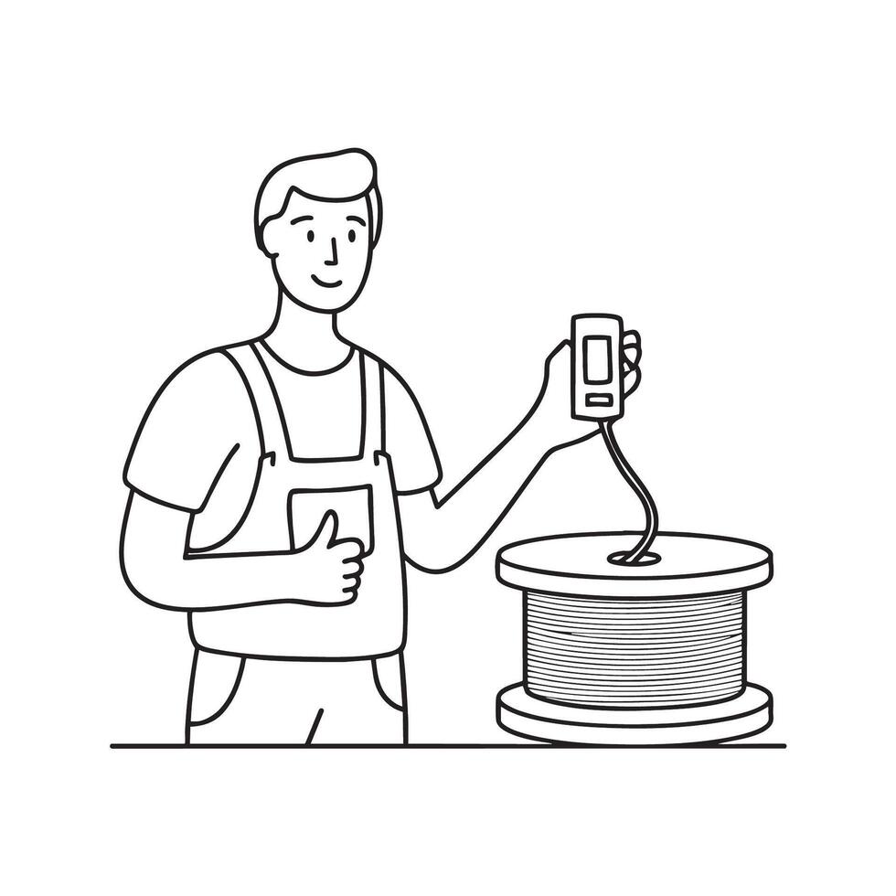technician labeling cables beside a spool of wire vector