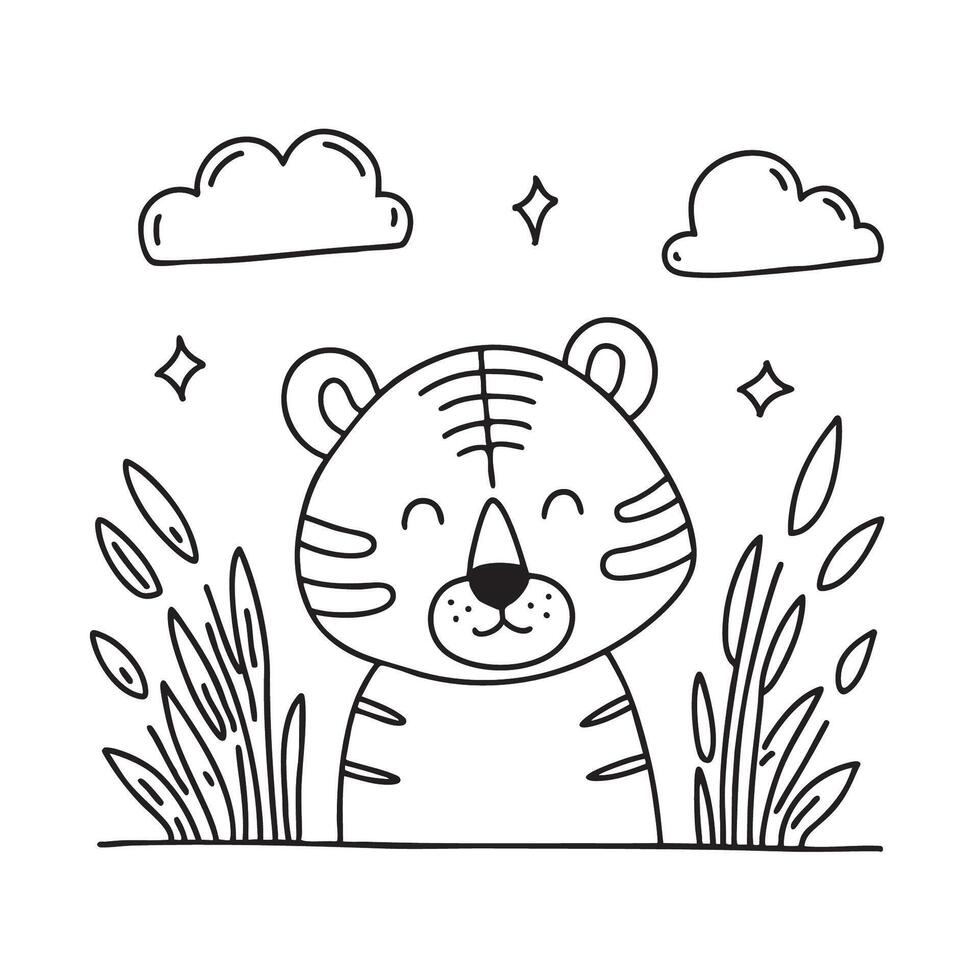 A tiger hiding near tall grass under open sky vector