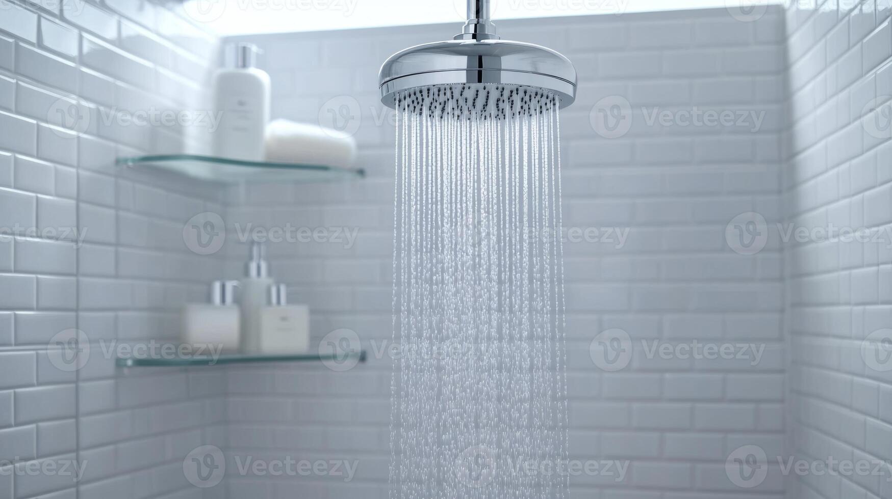 Modern minimalist bathroom with a sleek stainless steel shower head and neatly arranged toiletries glowing in soft lighting photo