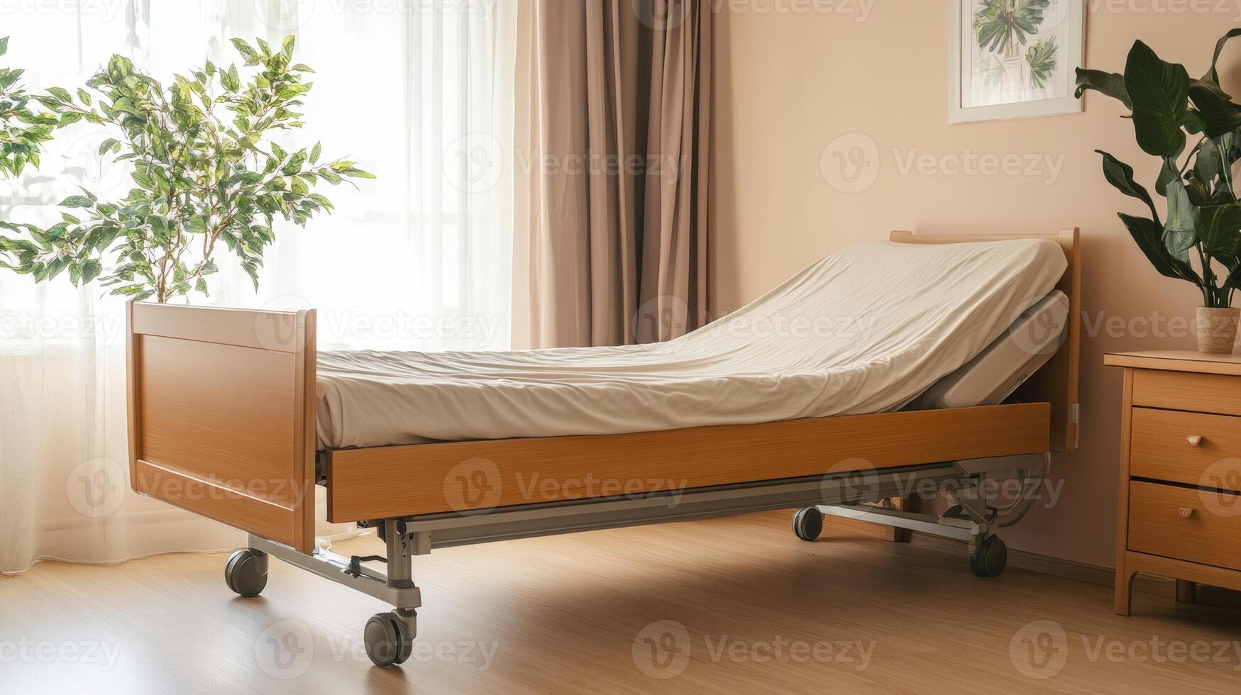 Serene hospital room featuring a wooden bed and plants for a calming healing environment photo