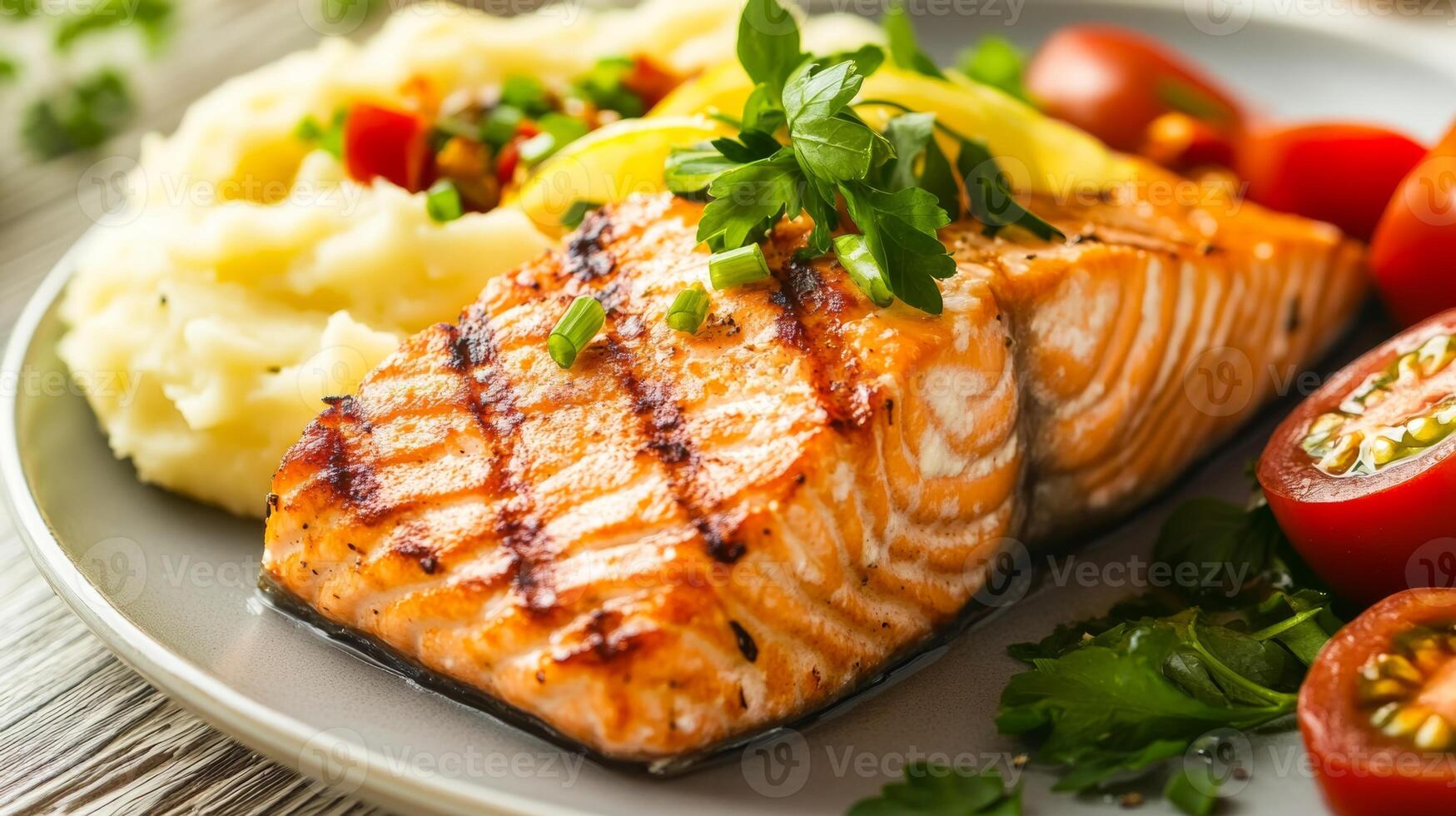 Grilled salmon fillet served atop creamy mashed potatoes with fresh garnishes in an elegant dining setting photo