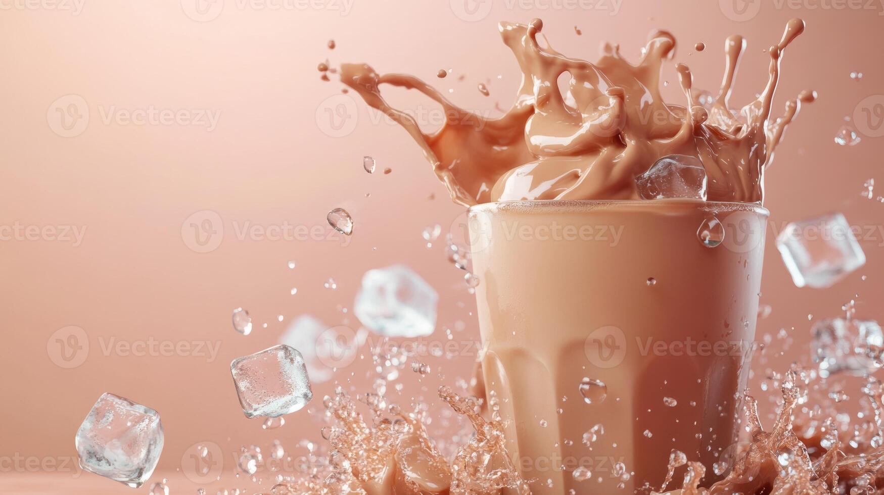 Chocolate milkshake splashing in a glass with ice cubes and droplets creating a dynamic scene of refreshment and indulgence healthy eating concept photo
