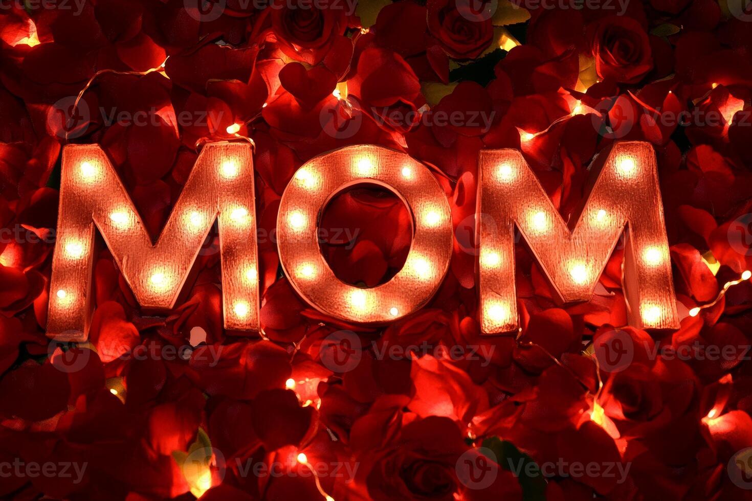 Brightly lit letters proclaiming love among red roses, celebrating the essence of motherhood during a heartfelt tribute or special occasion photo