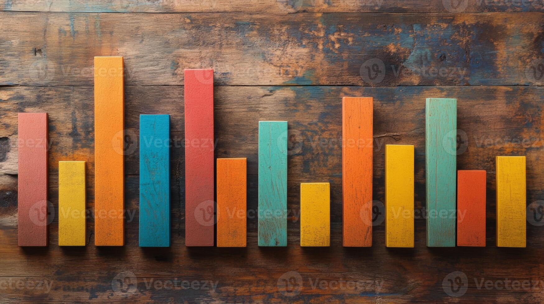 Colorful bar charts display steady business growth on a rustic wooden surface, illustrating performance over time in a creative presentation photo