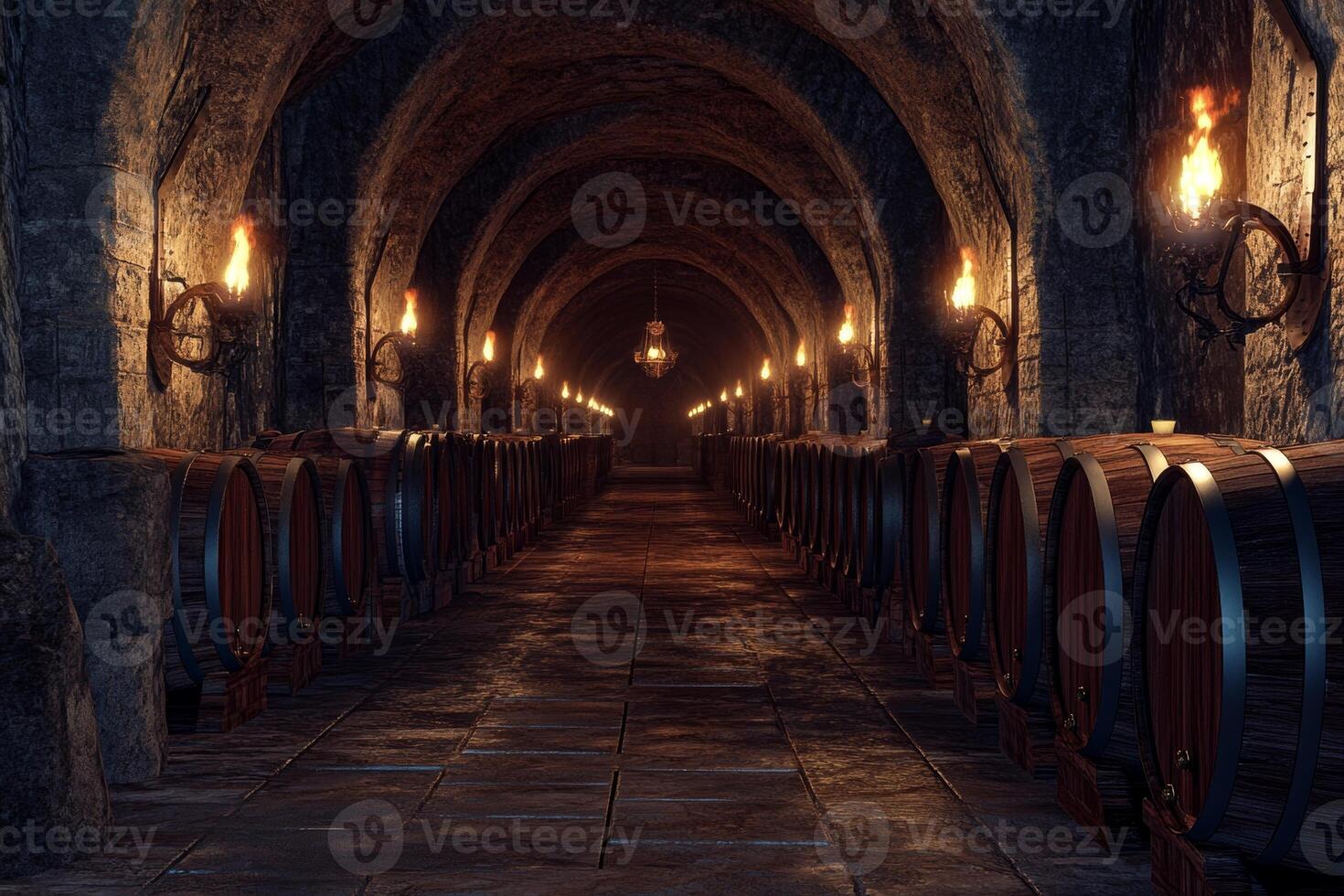 An enchanting royal wine cellar illuminated by torches featuring elegant rows of oak barrels and stone arches, perfect for historical contexts photo