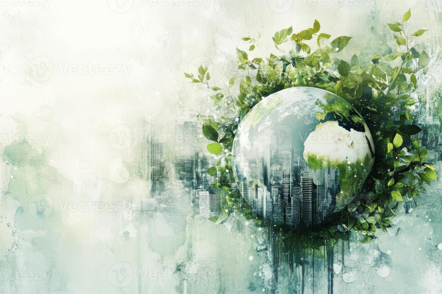 An abstract illustration of the earth showcasing a cityscape surrounded by greenery in a tranquil eco-friendly theme photo