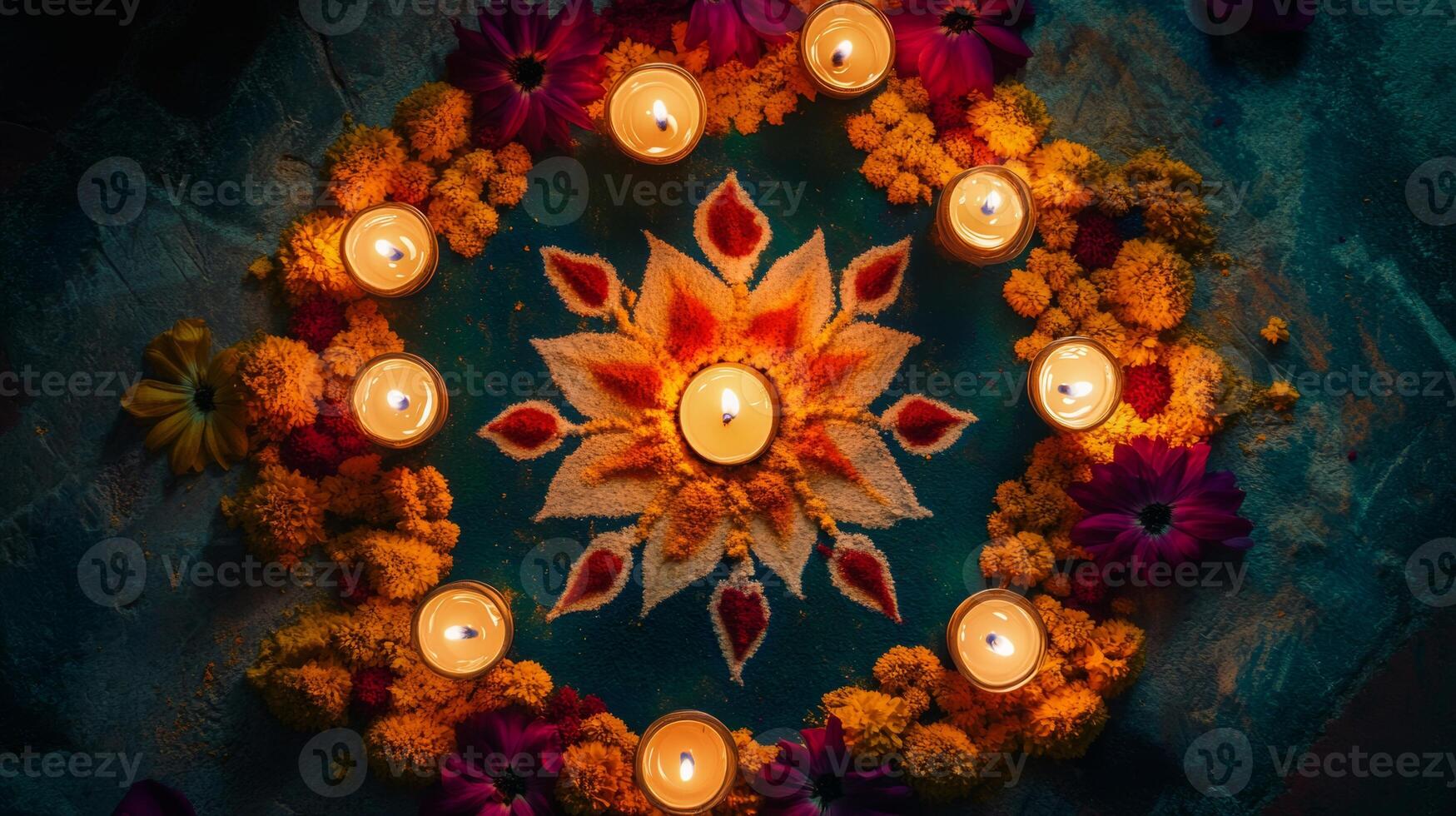 Colorful Rangoli design with candles and flowers for a traditional celebration during Diwali festival photo