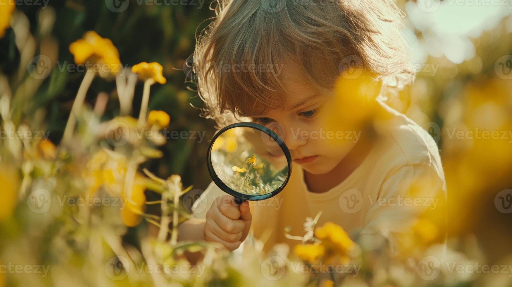 A child explores colorful flowers in nature, examining them closely through a magnifying glass on a sunny day photo