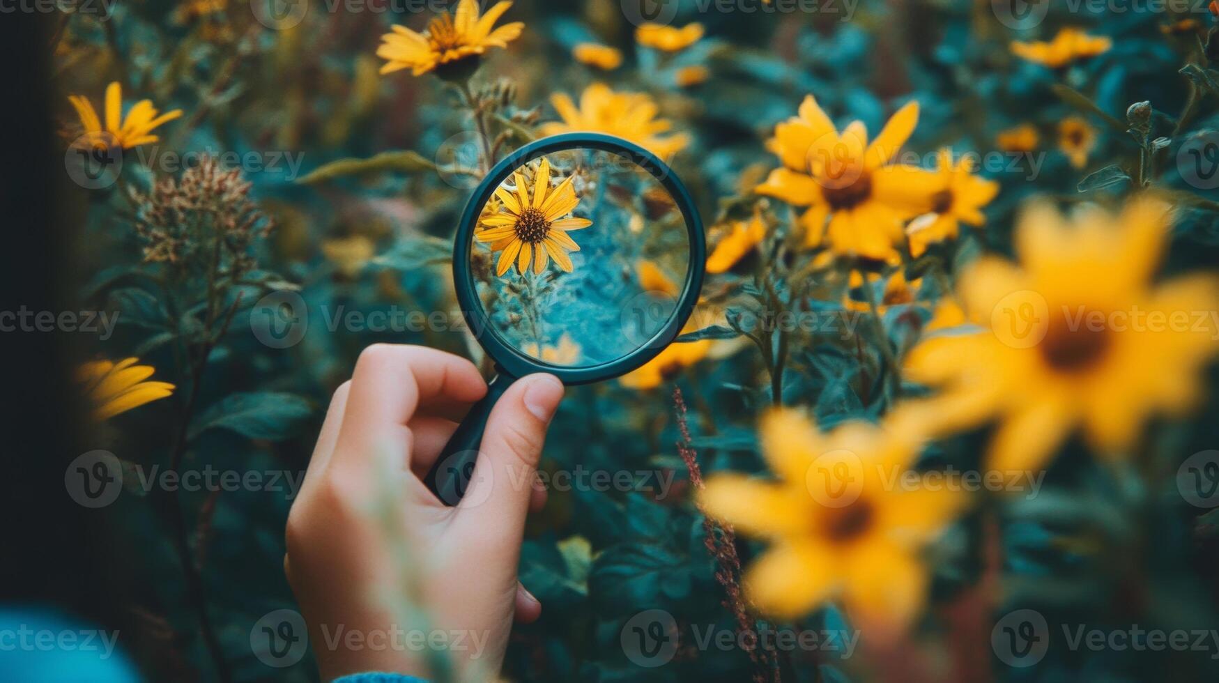 A child explores vibrant yellow flowers through a magnifying glass in a lush garden during a sunny afternoon photo
