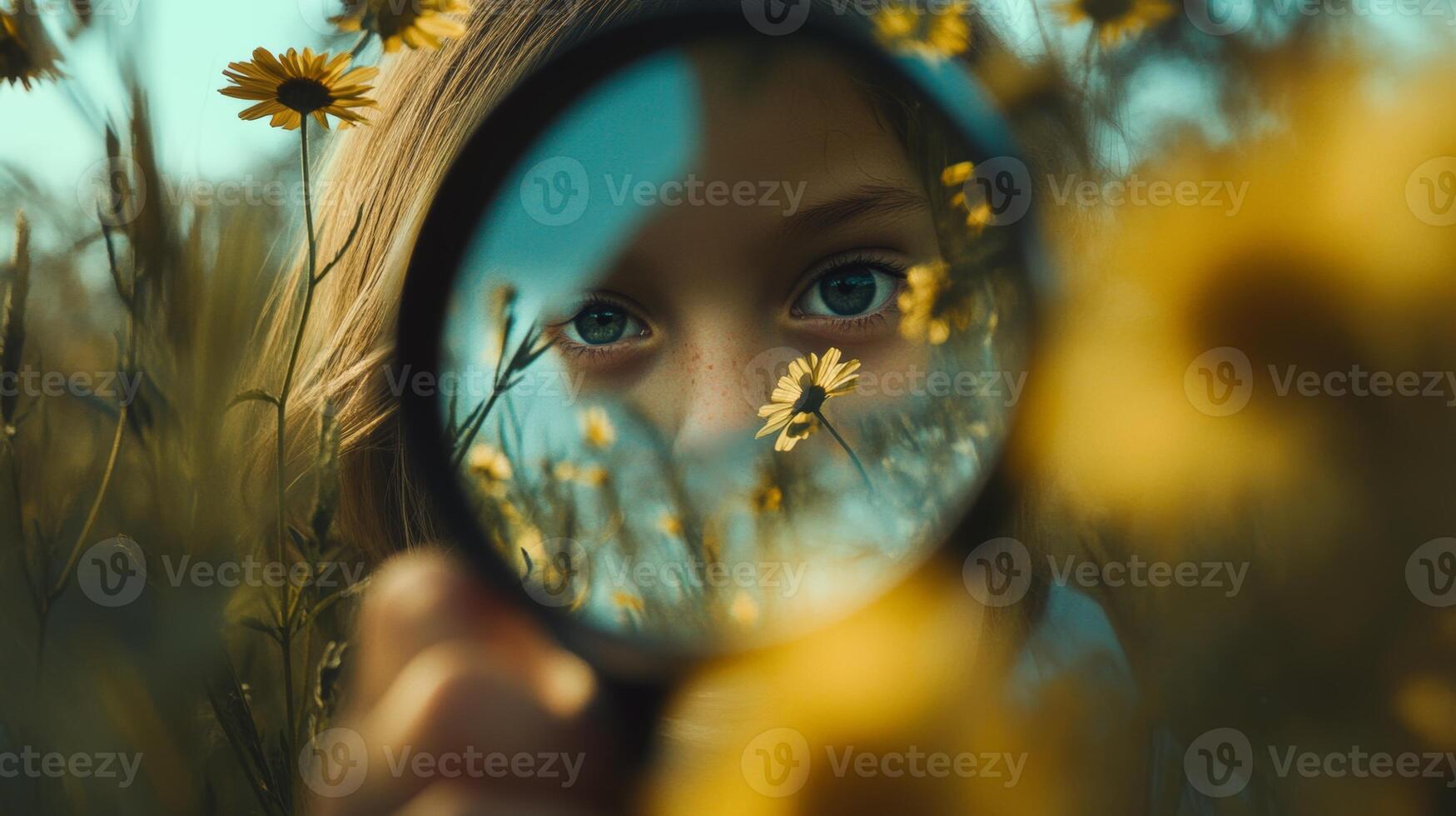 A child explores nature with a magnifying glass, captivated by flowers and vibrant colors in a sunlit field photo