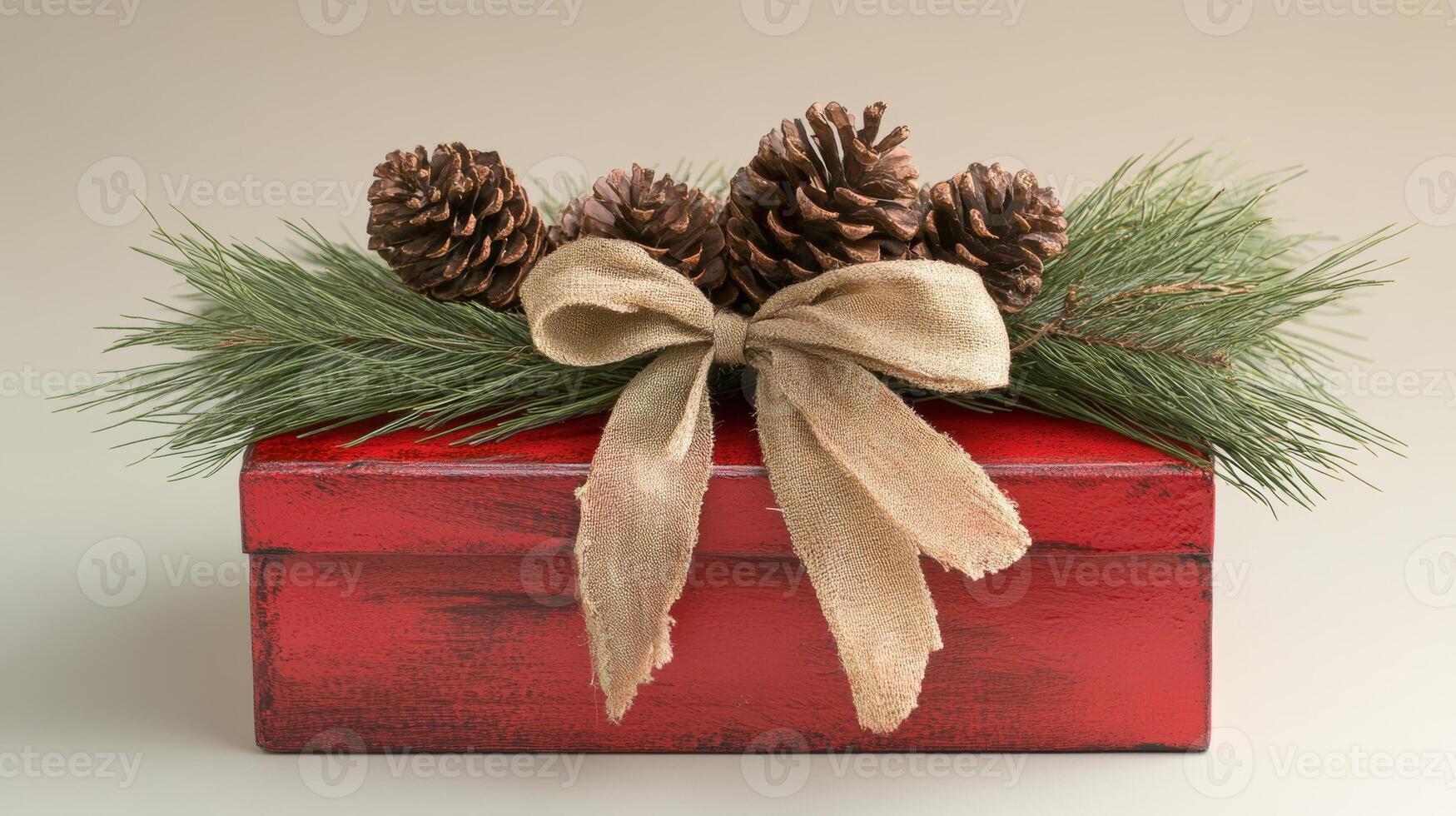 A thoughtfully arranged red gift box adorned with a natural ribbon and pine cones rests gracefully on a neutral background for the holiday season photo
