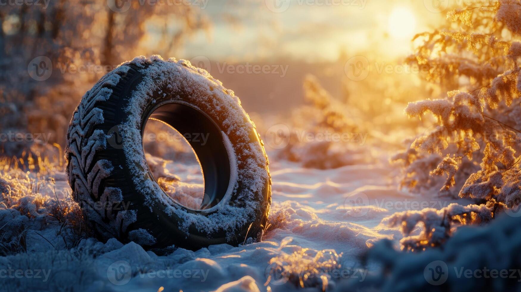 A snow-covered tire illuminated by the winter sun in a serene landscape near a forest at dawn photo