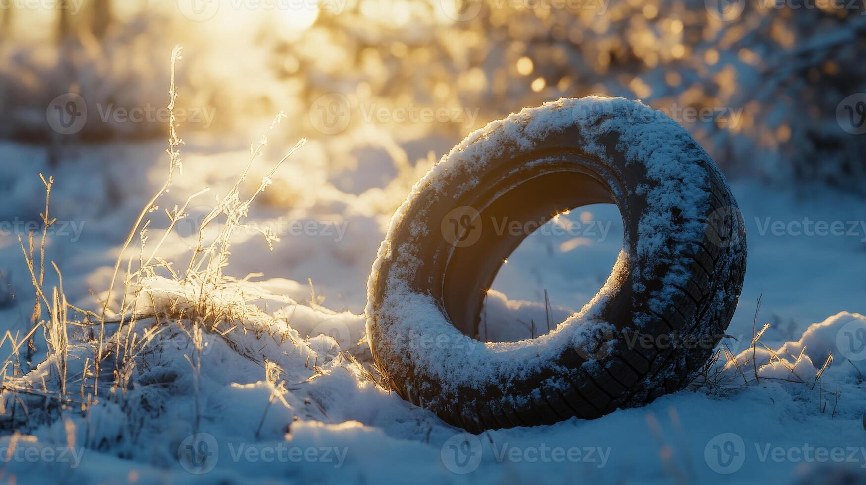 A snow-covered tire shines under the bright winter sun in a serene snowy landscape photo