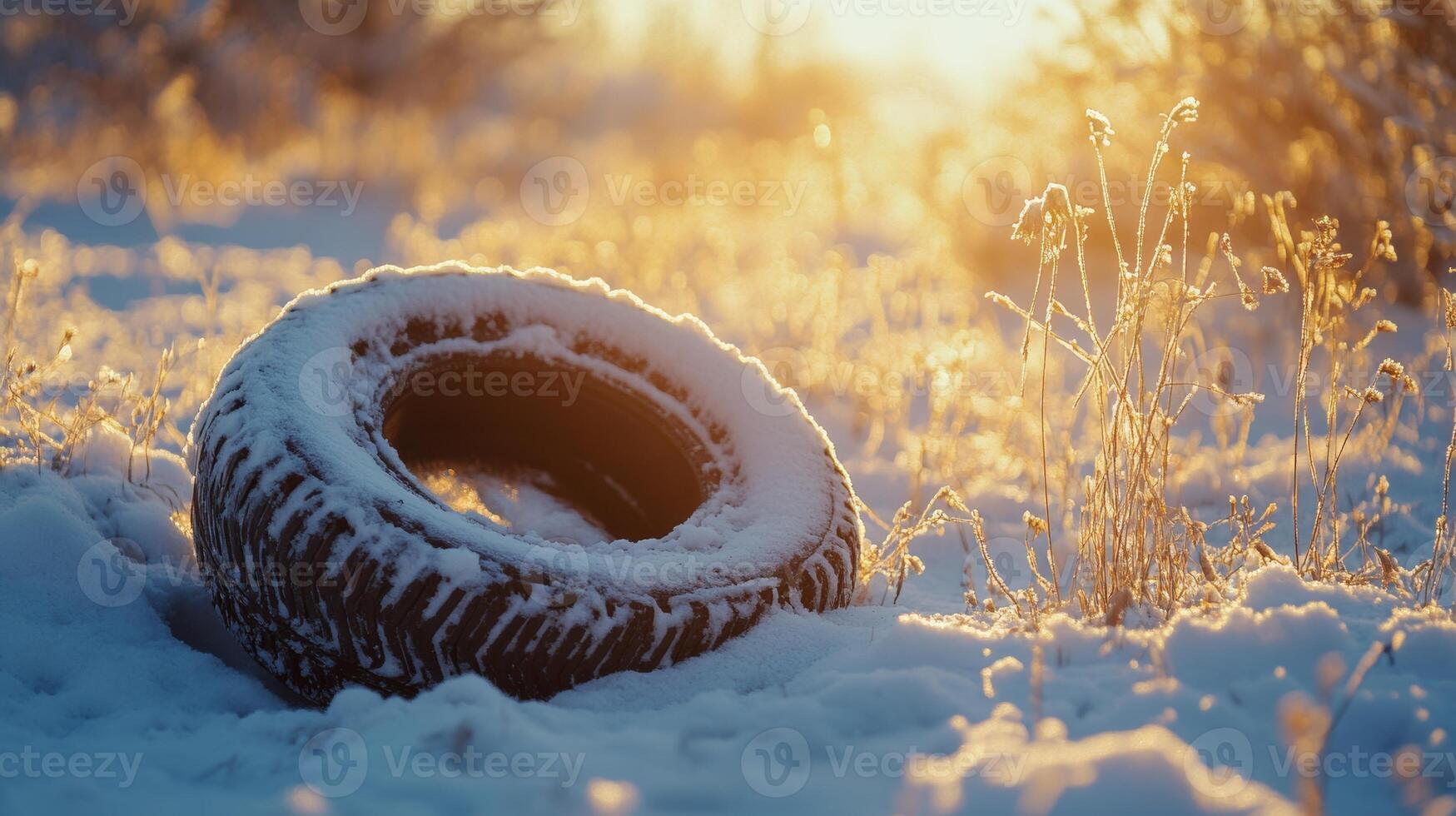 A solitary tire covered in snow glimmers in the sunlight on a cold winter day amid a serene landscape photo