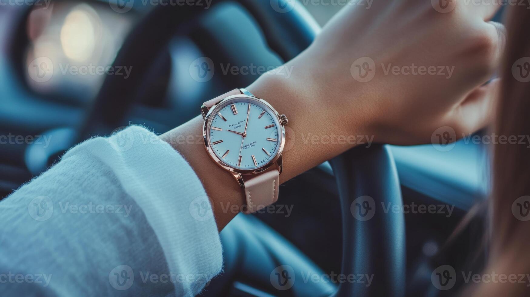 A woman driving a car in the city while checking the time on her stylish watch during a sunny afternoon photo