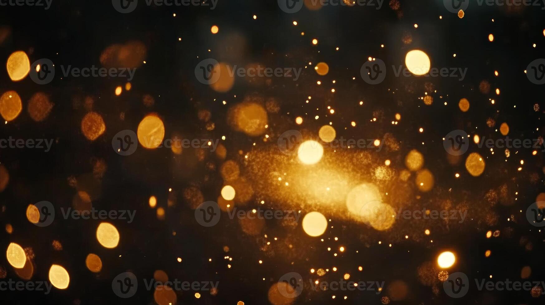 Shimmering golden particles create a dreamy bokeh effect for festive New Year celebration in a dark atmosphere photo