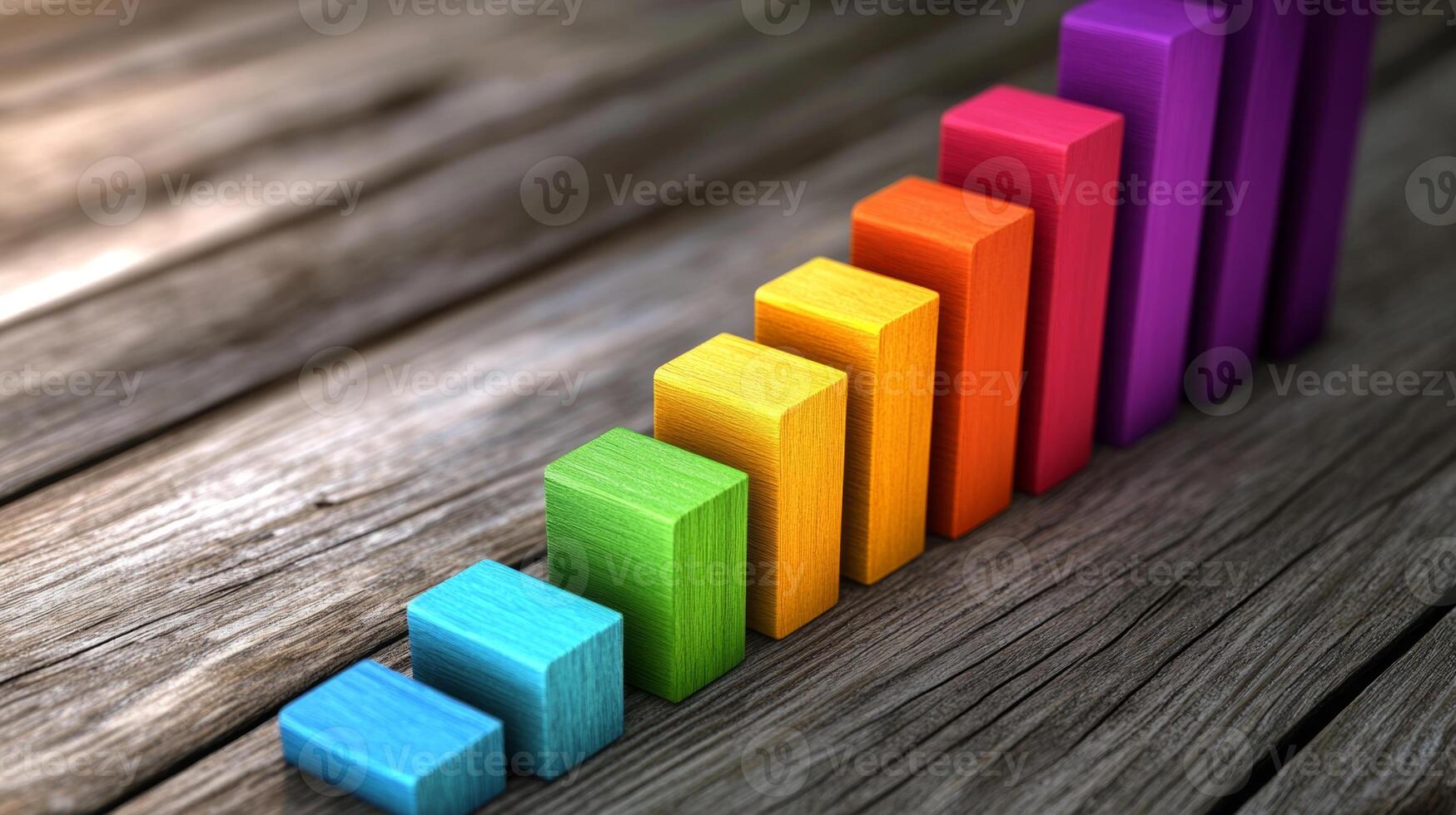 Colorful bar charts displaying steady business growth on rustic wooden surface photo
