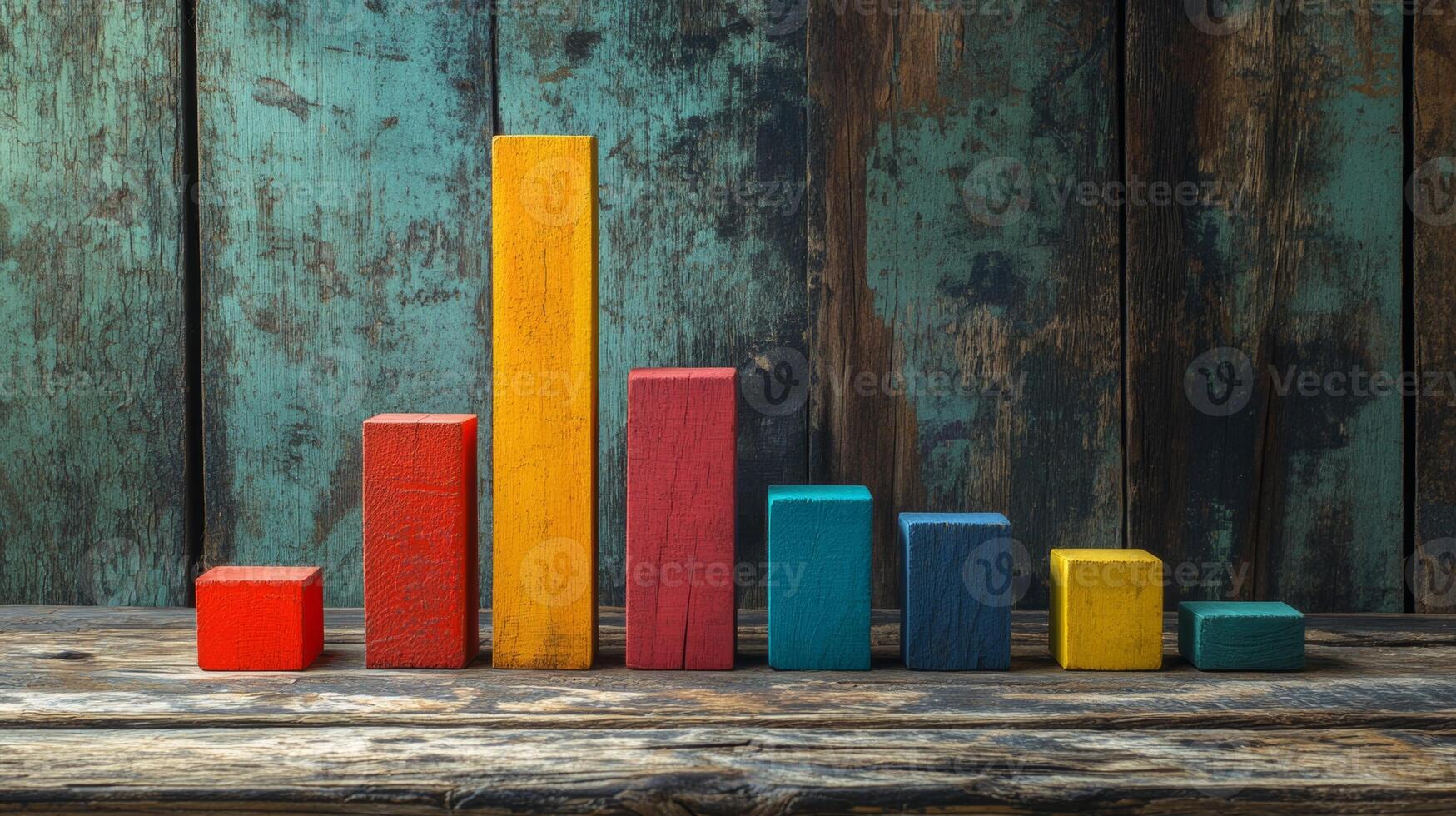 Colorful wooden bar charts demonstrate steady business growth on a rustic wooden surface photo