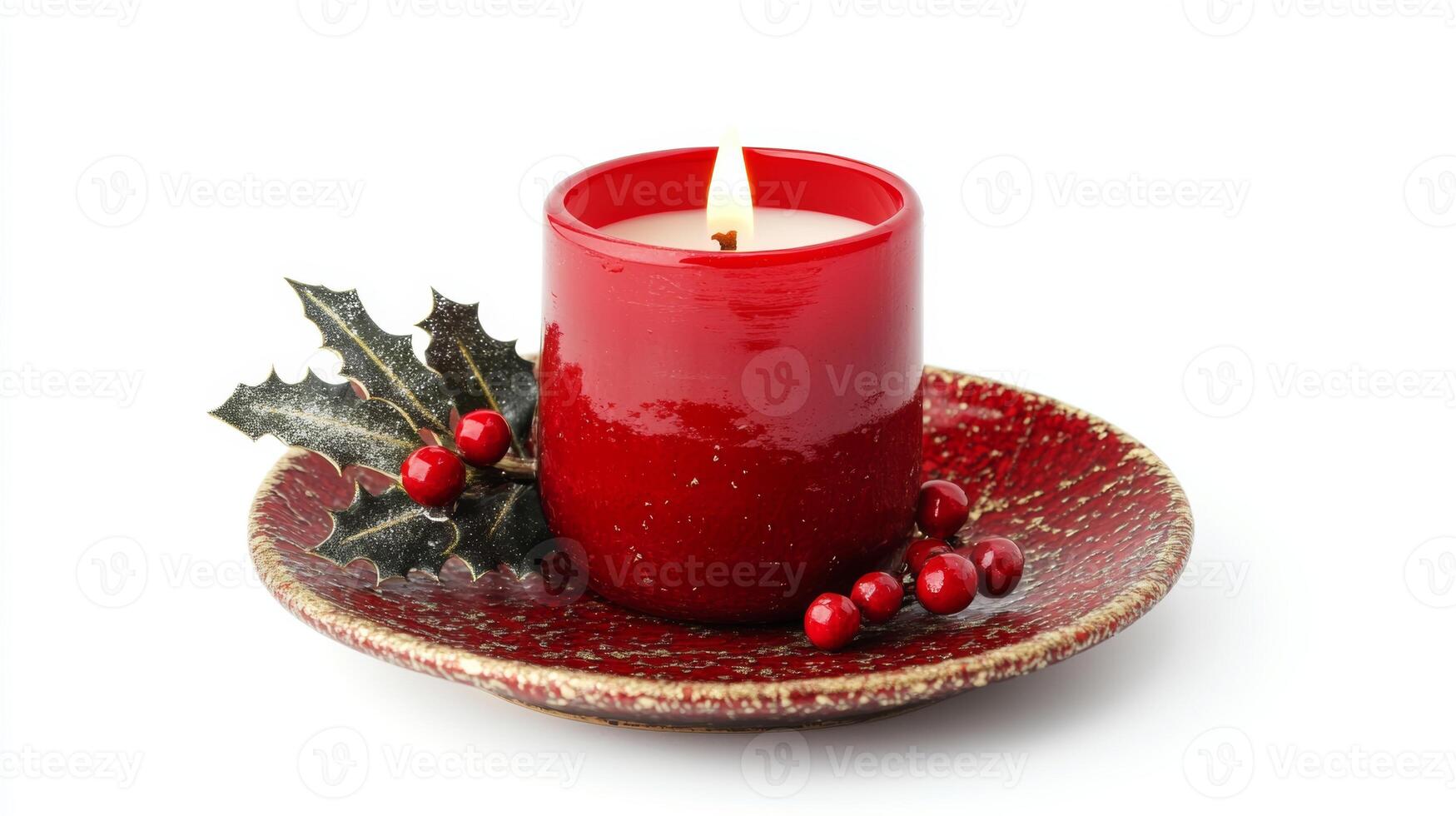 A festive red Christmas candle surrounded by holly berries on a decorative plate set against a clean white background photo