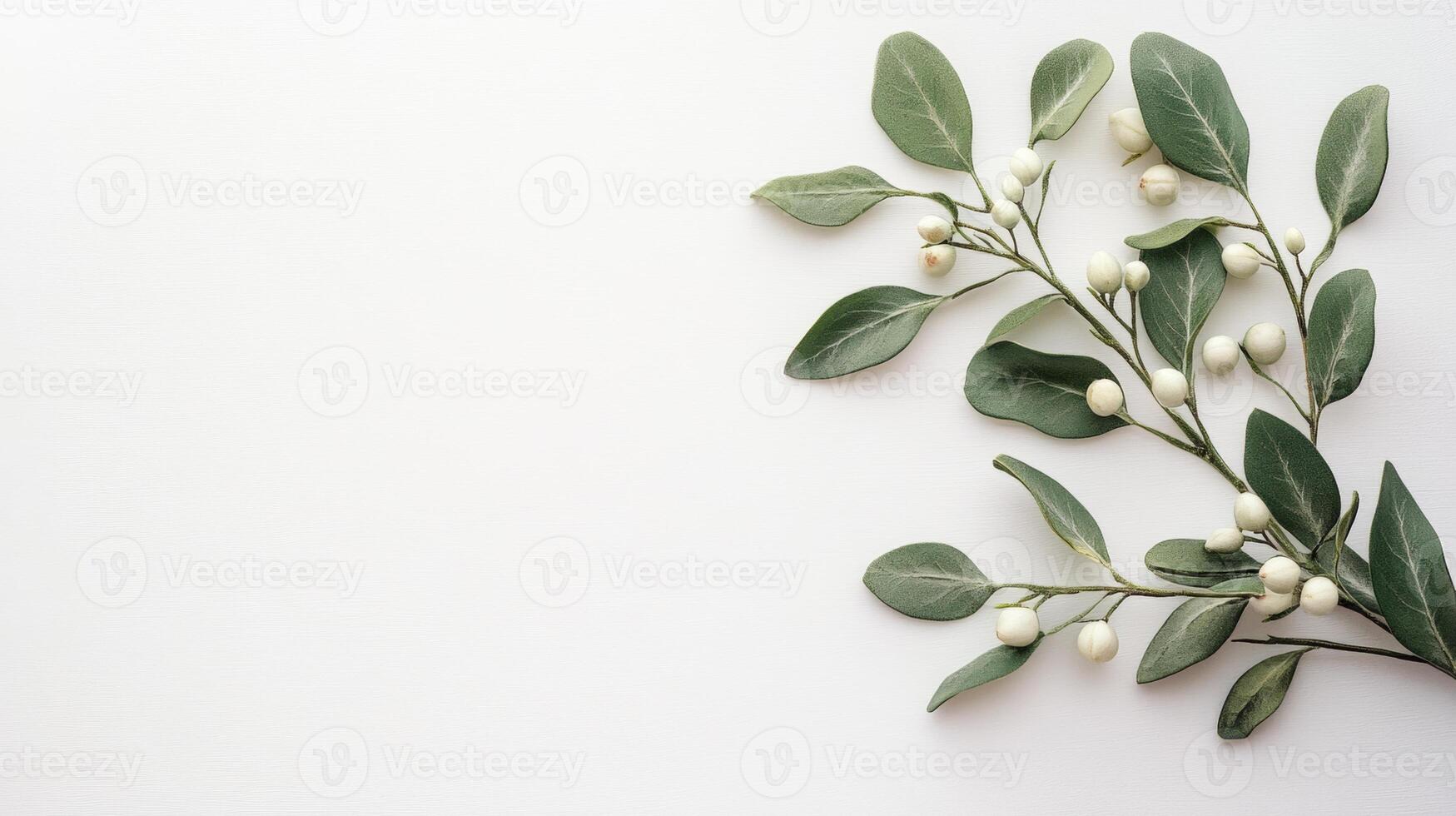 Mistletoe sprig with white berries against a simple white background, perfect for festive holiday decorations and celebrations photo