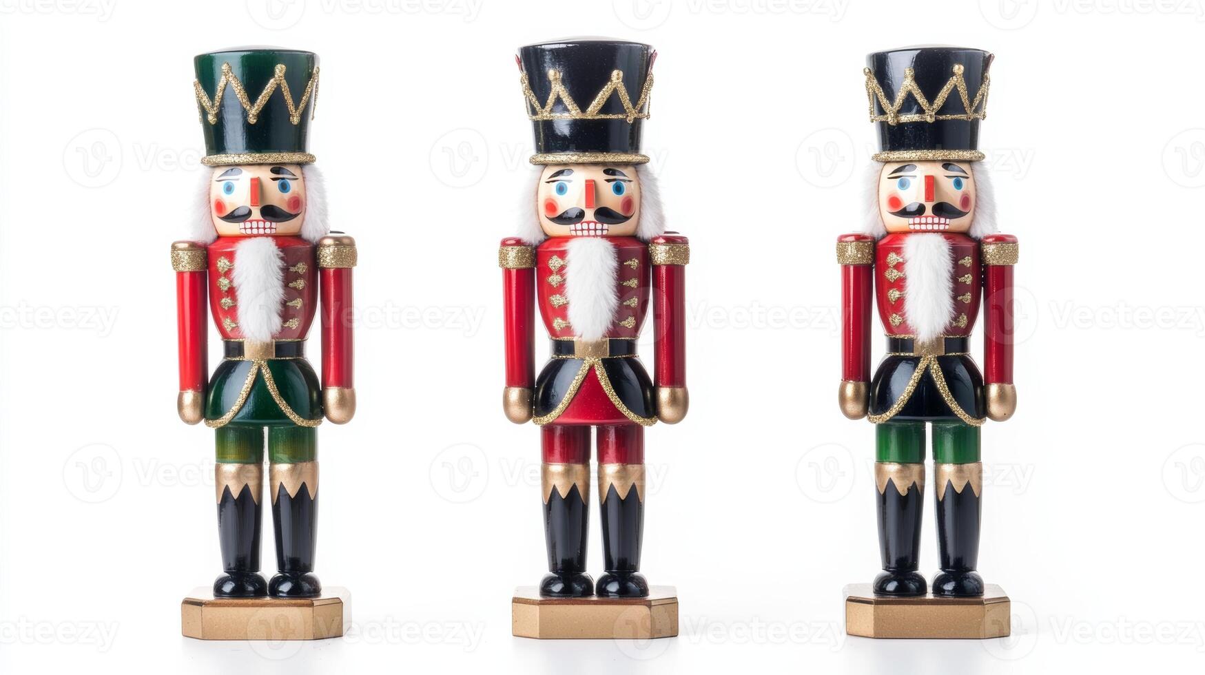Three festive Christmas nutcrackers displayed against a clean white background, showcasing traditional holiday cheer and craftsmanship photo