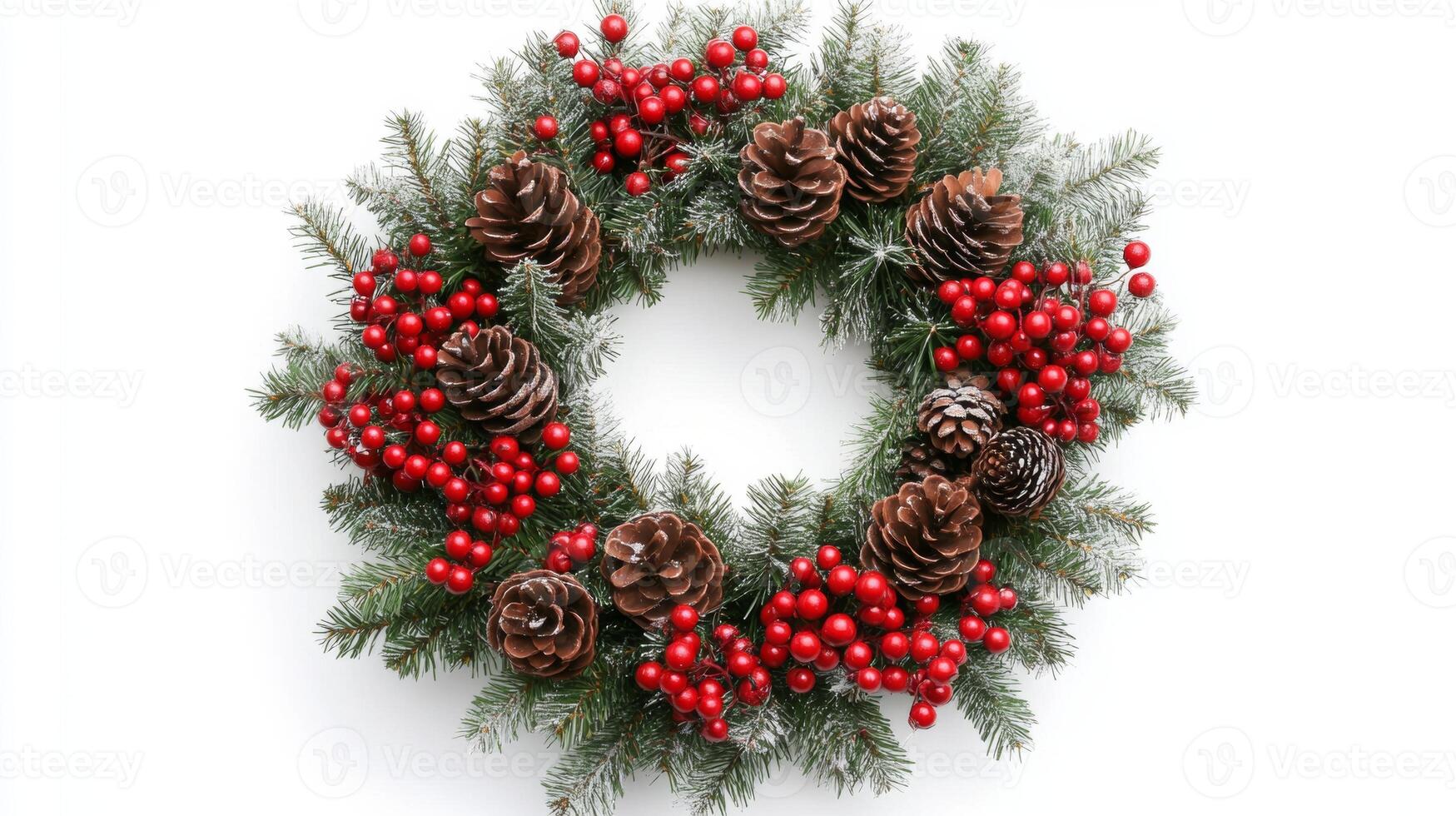 A festive Christmas wreath adorned with red berries and pinecones, perfect for holiday decoration against a white background photo