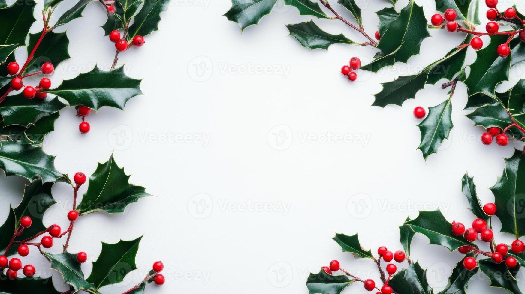 Festively arranged holly leaves adorned with bright red berries on a clean white background, perfect for winter celebrations or holiday decor photo
