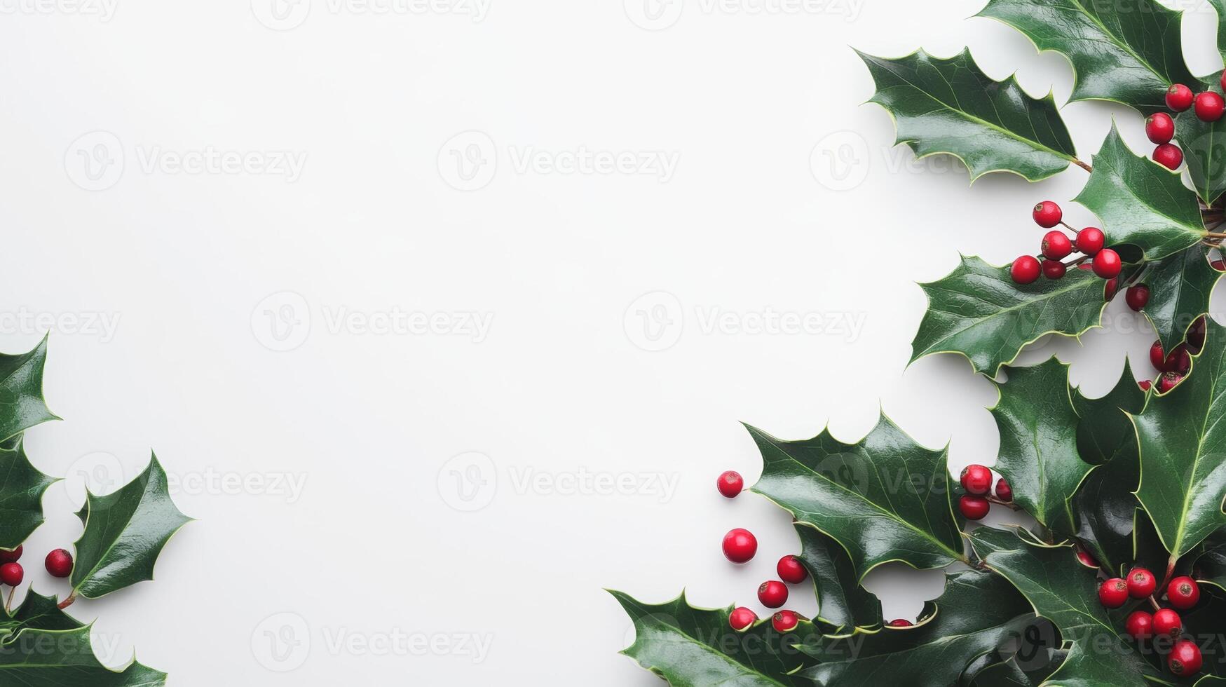Festive holly leaves and berries elegantly arranged on a clean white background, perfect for holiday decorations and seasonal crafts photo