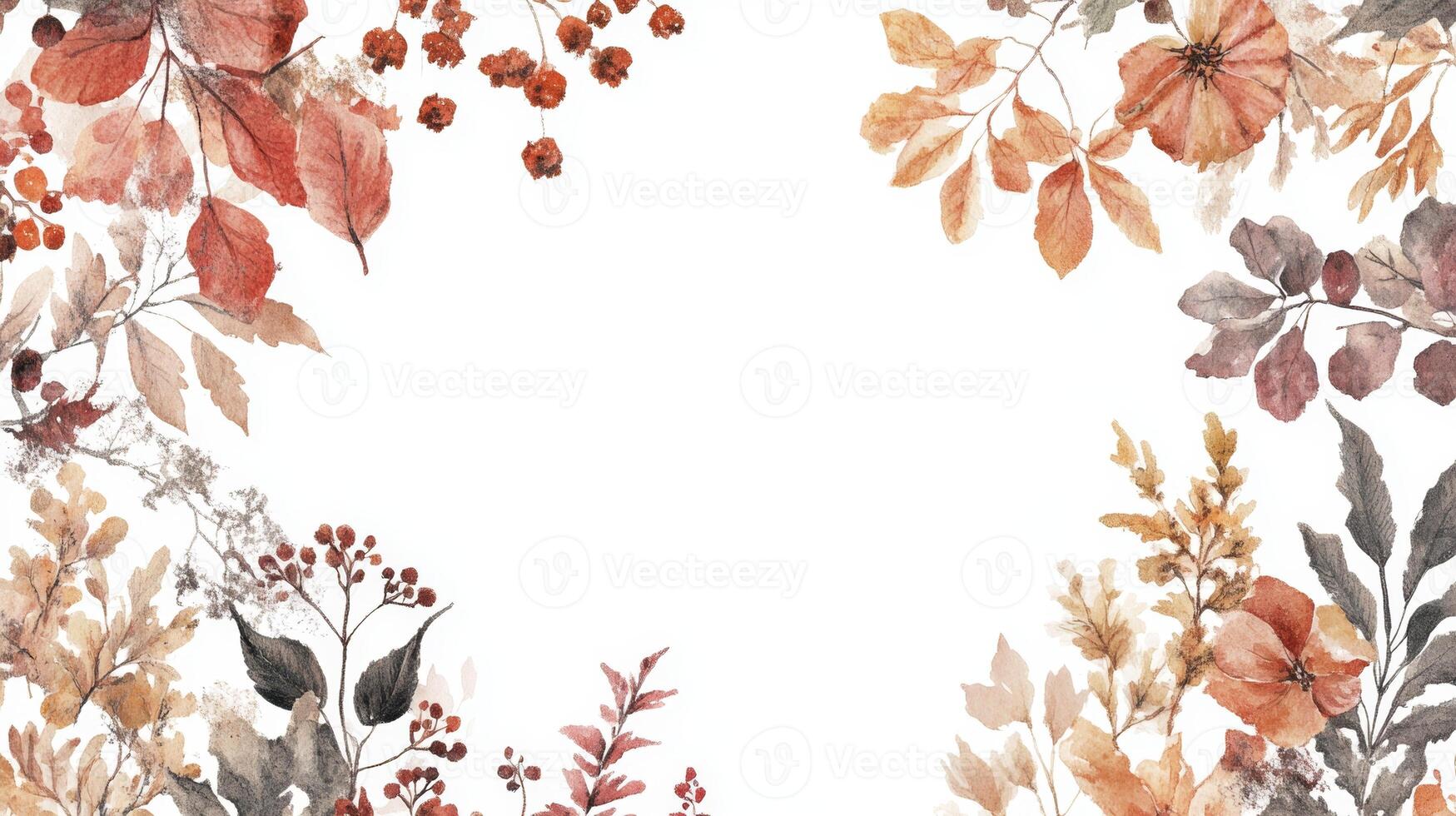 Delicate autumn-themed watercolor frame featuring vibrant foliage and seasonal blooms on a clean white background photo
