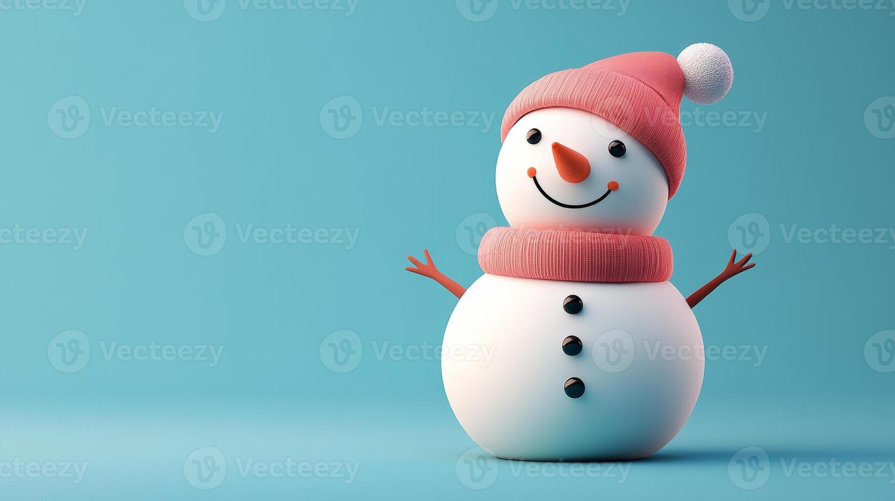 A cheerful snowman stands against a bright blue background, radiating holiday joy with a pink hat and scarf in wintertime photo