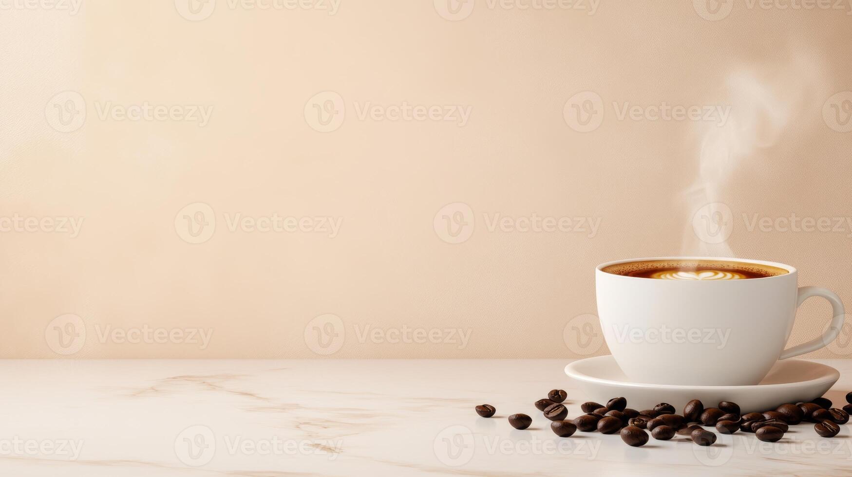 A steaming cup of coffee surrounded by aromatic beans on a soft background, invoking feelings of warmth and tranquility photo